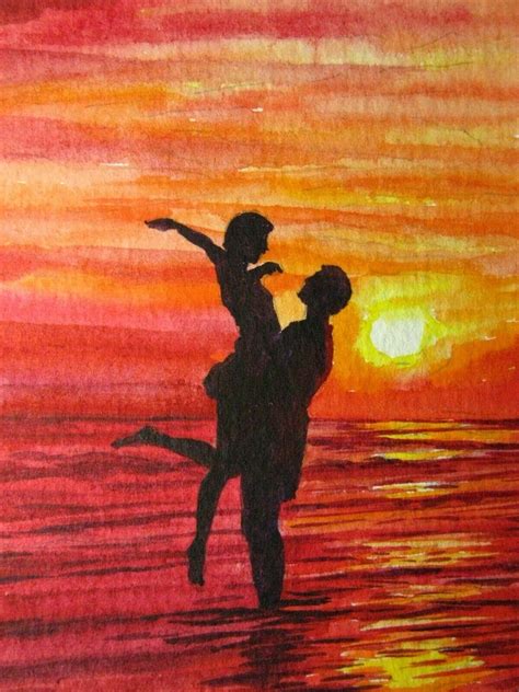 Watercolor Painting Ocean Sunset Couple Man Woman Summer Time Nature ...