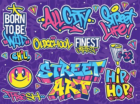 A set of colorful or vibrant graffiti art stickers. Street art theme ...