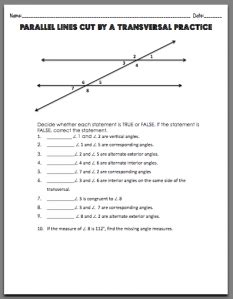 Parallel Lines Cut by a Transversal | Worksheets and Free printable