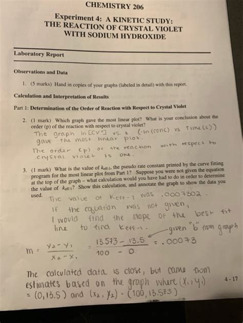 Solved CHEMISTRY 206 Experiment 4: A KINETIC STUDY: THE | Chegg.com