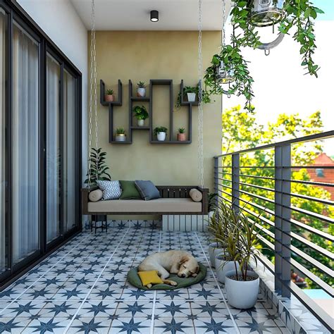 Modern Spacious Balcony Design With Blue And White Tiles | Livspace