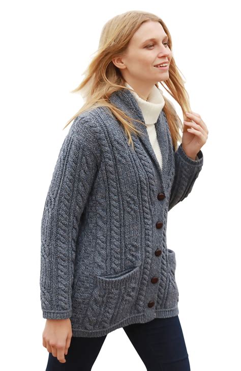 Cable Knit Cardigan Merino Wool Sweater Pockets Shawl Collar Button ...