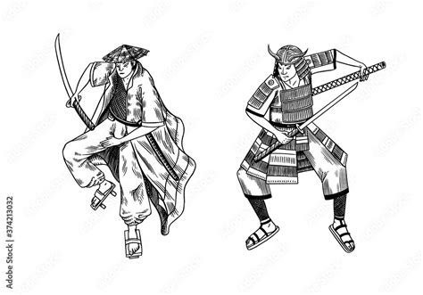 Japanese samurai warriors with weapons sketch. Men in a fight pose ...