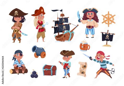 Cartoon pirates. Funny pirate captain and sailor characters, ship ...