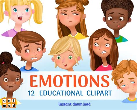 Kids Emotions clip art, kids expressions for teachers, diverse kids ...