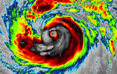 Powerful and extremely dangerous typhoon Maysak near Kumejima, Japan