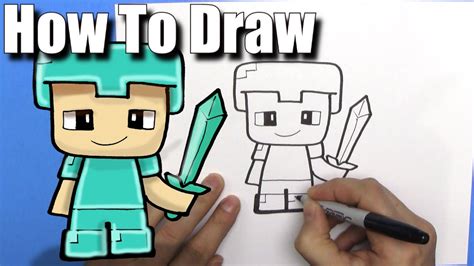 How To Draw a Cute Cartoon Minecraft Steve with diamond armour - EASY ...