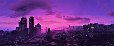 Download Purple Gaming City View Desktop Wallpaper | Wallpapers.com