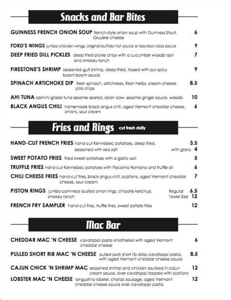 Menu at Ford's Garage restaurant, Fort Myers, First St