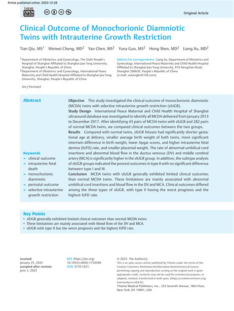 (PDF) Clinical Outcome of Monochorionic Diamniotic Twins with ...