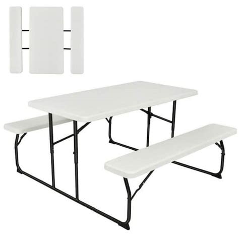 Clihome White Rectangle Plastic Outdoor Folding Picnic Table Bench Set ...