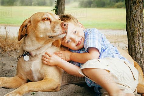 Boy hugging dog on wooded beach - Stock Photo - Dissolve