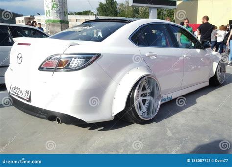 Moscow. Summer 2018. White Clinched Tuned Mazda 6 Sedan on the Street ...