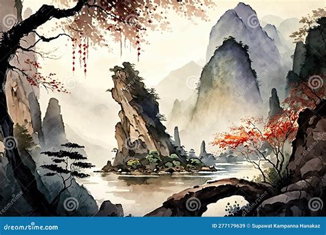 Chinese Ink Landscape Painting Stock Illustration - Illustration of ...