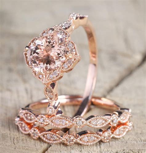 2.25 carat Morganite Diamond Trio Wedding Bridal Ring Set in 10k Rose ...