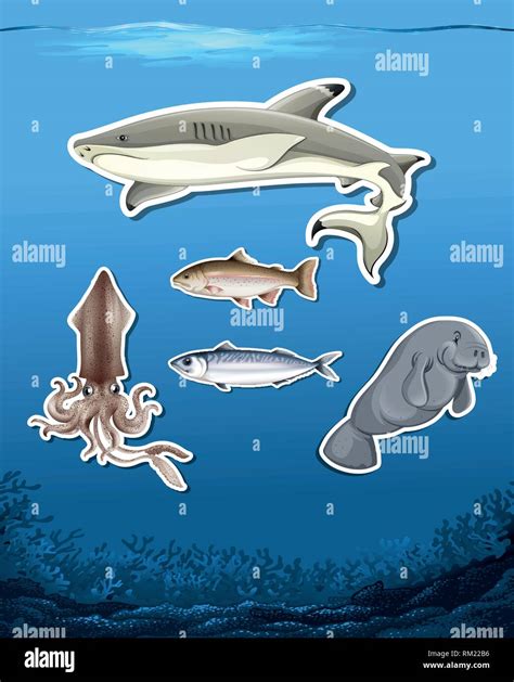 Ocean animals stickers on sea background illustration Stock Vector ...