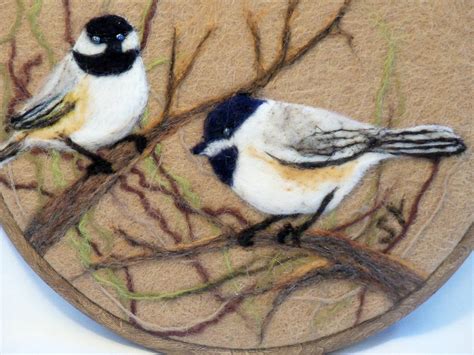 Needle Felted Wool Painting Chickadees Needlefelt by syodercrafts