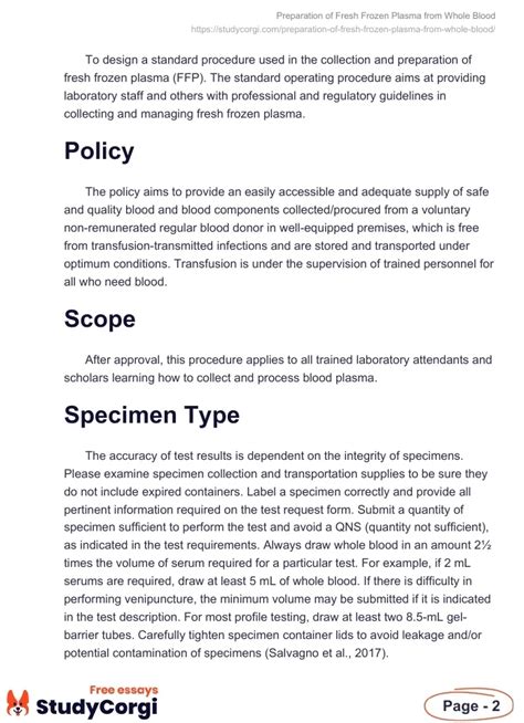 Preparation of Fresh Frozen Plasma from Whole Blood | Free Essay Example