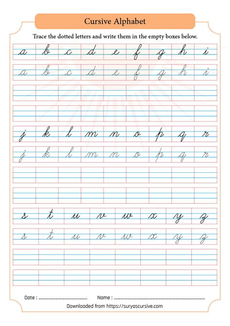 Free A-Z Lowercase Cursive Handwriting Worksheets | SuryasCursive.com