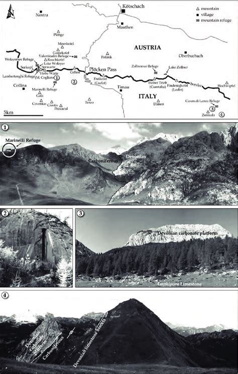 Map of the Carnic Alps with four localities indicated that represent ...