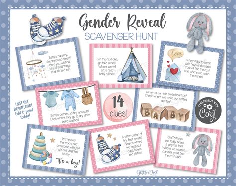 Gender reveal party scavenger hunt clue cards gender reveal treasure ...