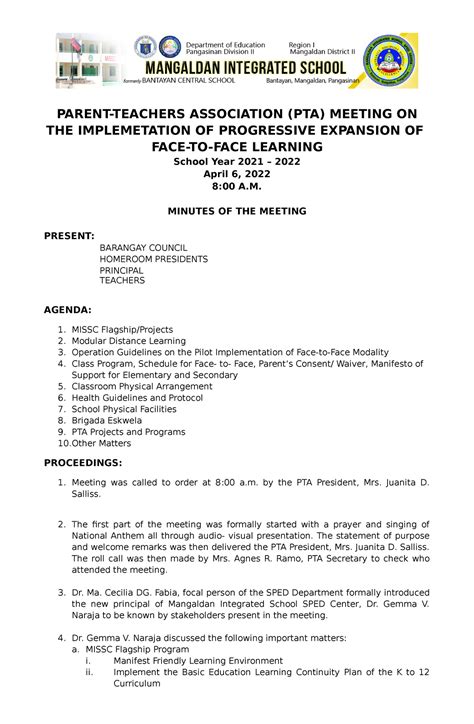 PTA Minutes of the Meeting 2022 - PARENT-TEACHERS ASSOCIATION (PTA ...