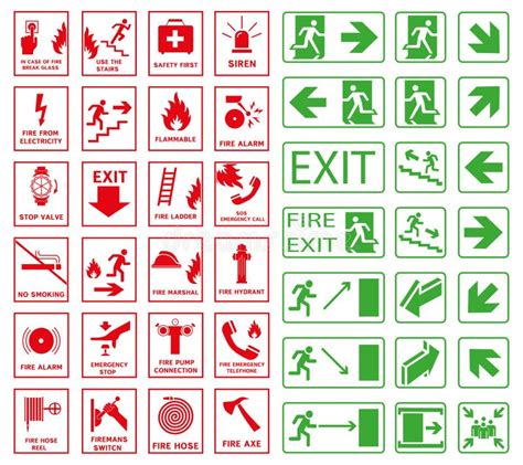 Set of Emergency Exit and Fire Exit Signs, Fire Gathering Place ...