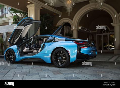 BMW I8 Coupe Blue/Black Exterior - Back/Left Side Stock Photo - Alamy