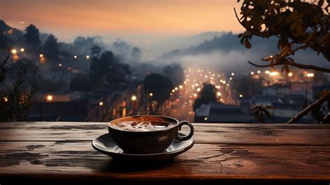 Premium AI Image | Coffee cup on wooden table steam rising cityscape ...