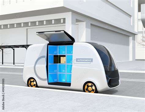 Self-driving delivery van's side door opened. User can pick up their ...