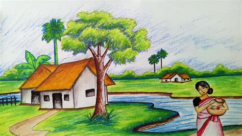 Easy Oil Pastel Village Nature Scenery Drawing - Go-images Web