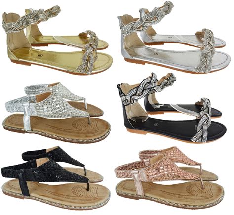 LADIES WOMENS FLAT DIAMANTE TOE POST SUMMER DRESSY PARTY HOILDAY ...