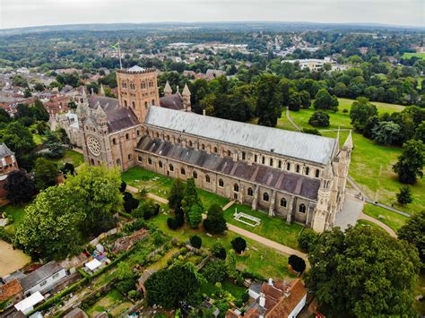 St Albans Cathedral from the air. The Cathedral is famous for having ...