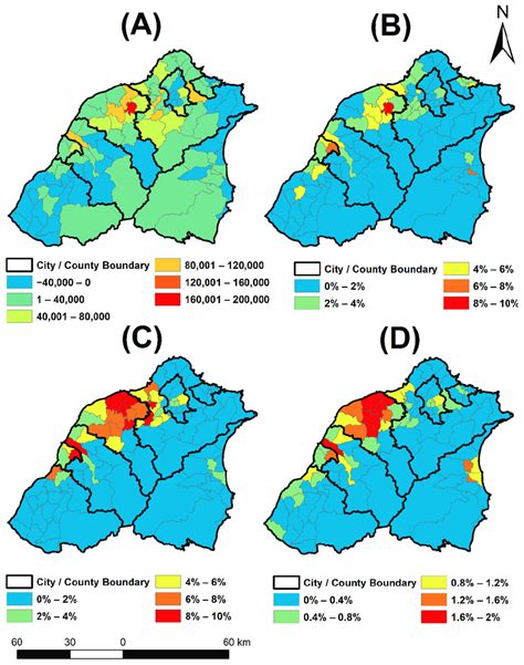 Equal interval choropleth maps of population count and land use ...