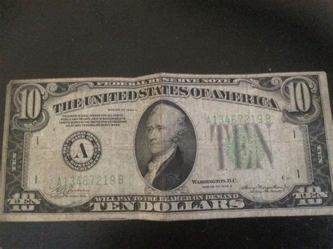 Old Vintage 1934 Ten Dollar Bill $10 Federal Reserve Note 1934 Series ...