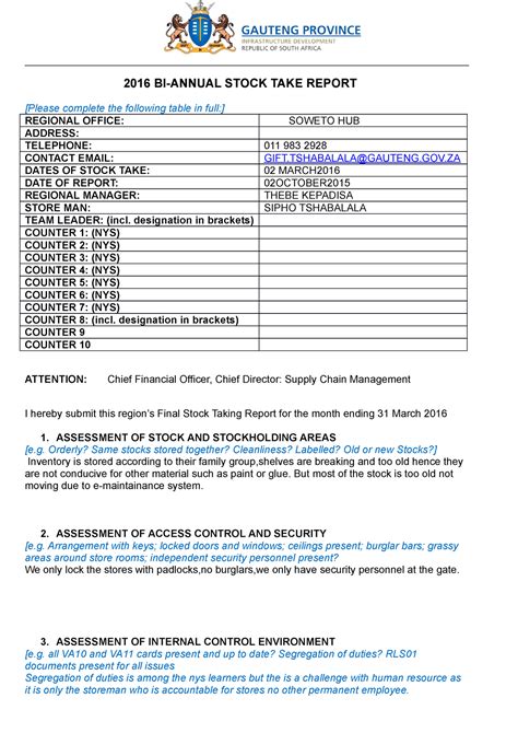 2015 Stock take Final Report Template - 2016 BI-ANNUAL STOCK TAKE ...