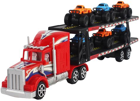 Friction Powered Red Transport Trailer Detachable Tractor Truck with 6 ...