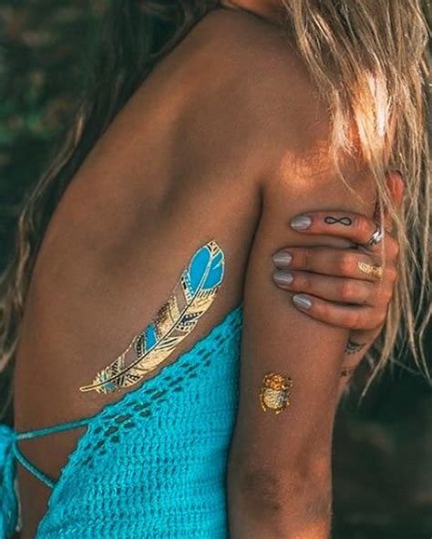 Feather Tattoo, Golden Metallic Temporary Tattoo Set – MyBodiArt