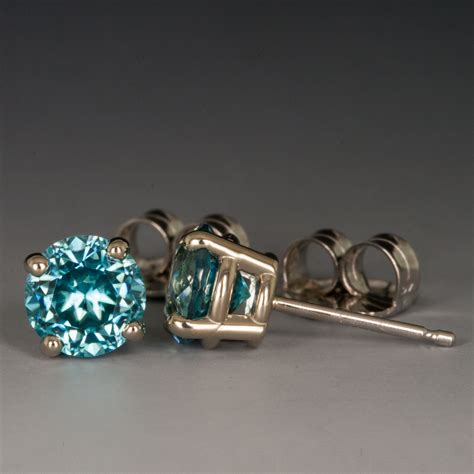 Ear Studs, Blue Zircon, 14K White Gold