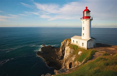 A White Lighthouse Is Seen Along A Cliff Overlooking The Ocean ...