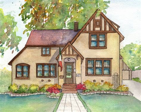 Home painted in watercolor with ink detailing, Artist rendering of your ...