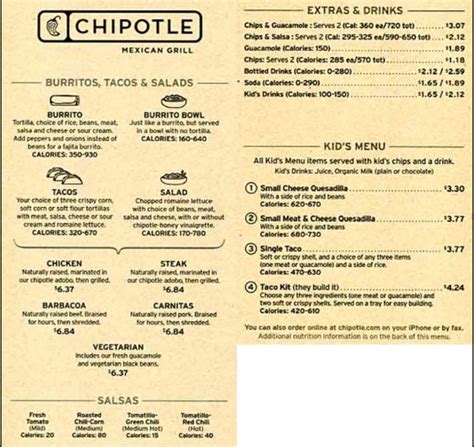 Chipotle Printable Menu With Prices