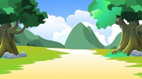 Green Hills Tree Path Grass Cartoon Background | Cartoon background ...