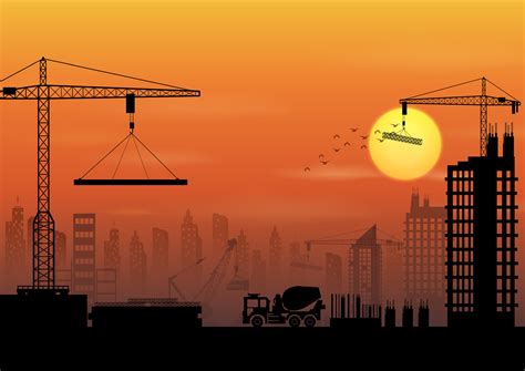 Vector illustration of Construction site silhouettes at sunset 6917529 ...