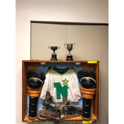 Antique Hockey Display Case with Jersey, Skates, Knee Pads & Trophies