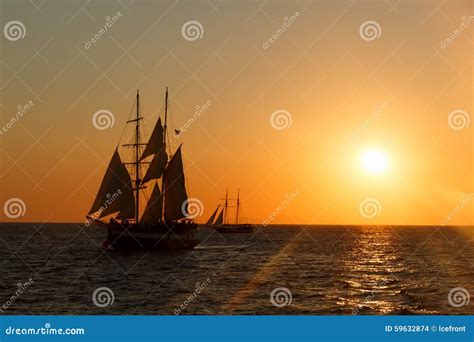 Sailing Ship Silhouette in Sunset on the Sea Stock Photo - Image of ...