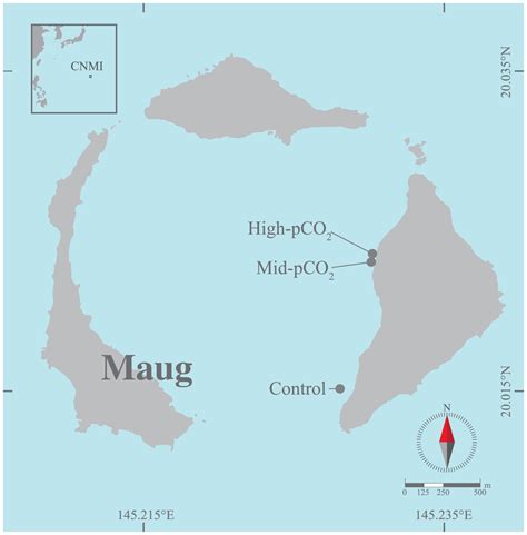 Map of Maug showing the locations of the High-pCO2, Mid-pCO2 and ...