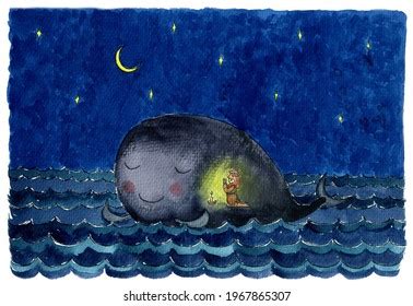 Watercolor Drawing Jonah Whale Scene Bible: stockillustratie 1967865307 ...