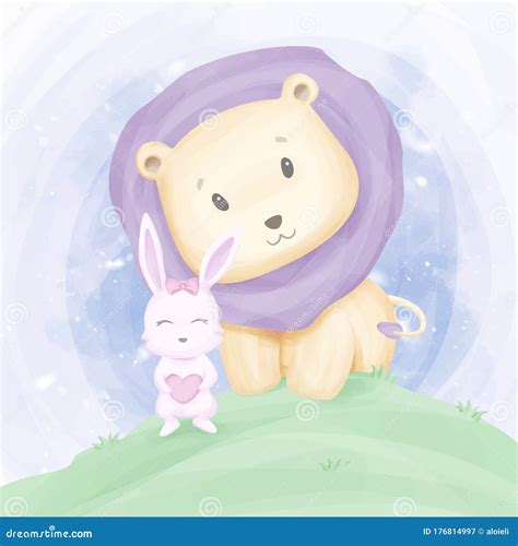 Friendship Baby Lion and Rabbit Stock Illustration - Illustration of ...