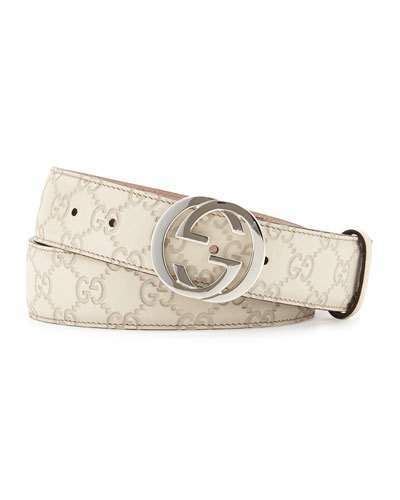 Gucci Interlocking G-Buckle Leather Belt, Medium White | Leather, Gucci ...